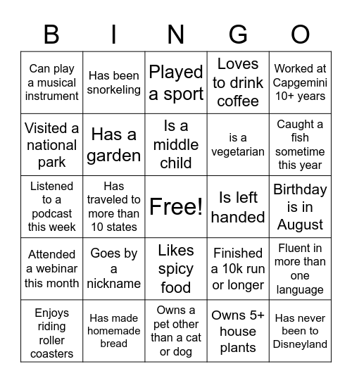 Capgemini Employee Bingo Card