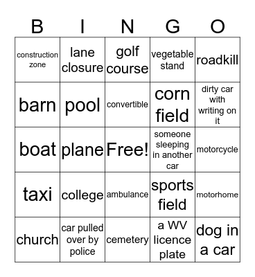 Car Trip Bingo Card