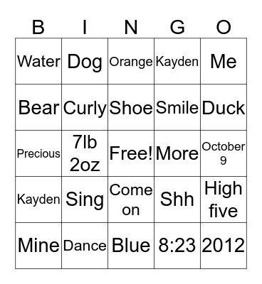 Kayden's 3rd Birthday Bingo Card