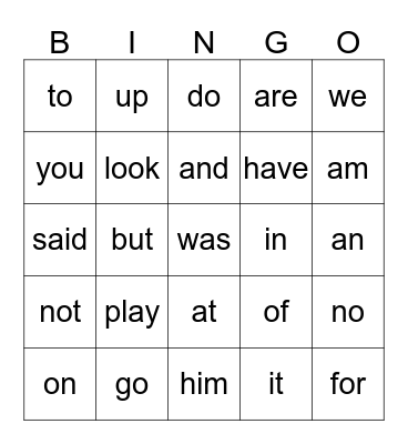 Sight Words Bingo Card