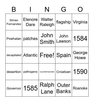 Roanoke: The Lost Colony Bingo Card