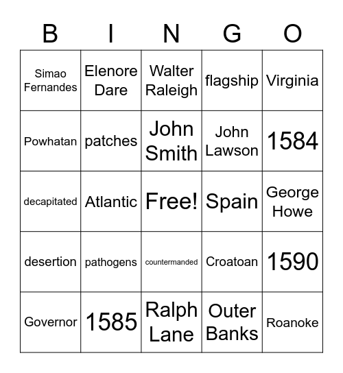 Roanoke: The Lost Colony Bingo Card