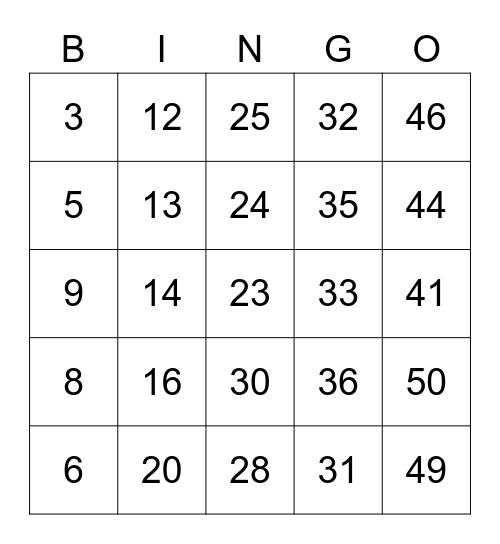 Numbers 1 - 50 Bingo Card