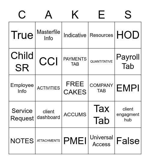 C.A.K.E.S. BLACKOUT BINGO Card