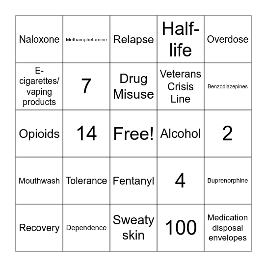 Overdose Awareness Day Bingo Card