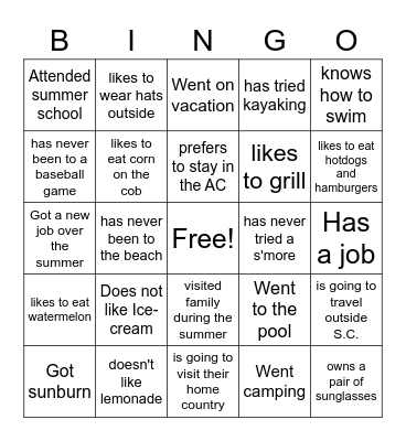 Find someone who - summer activities Bingo Card