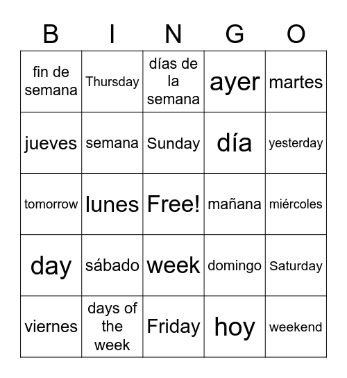 Los días de la semana Bingo Card