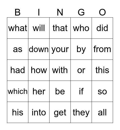 Sight Words Bingo Card