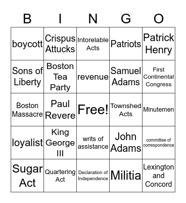 The Road to Revolution  Bingo Card