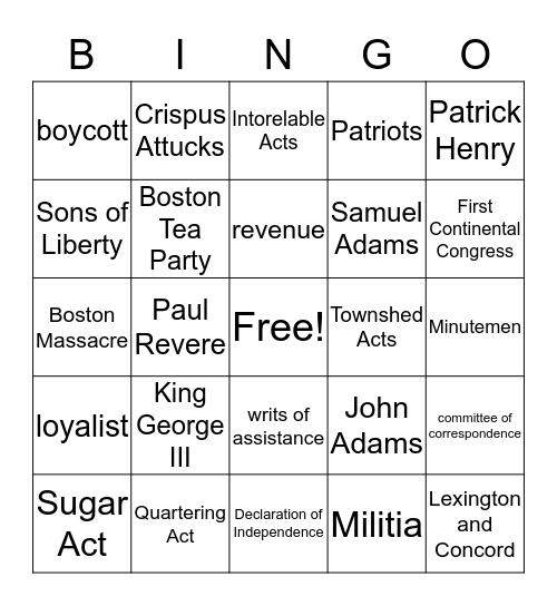 The Road to Revolution  Bingo Card