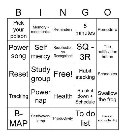 Productivity Bingo Card