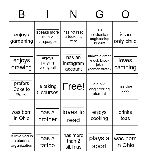 ESC 211 Classmate Bingo Card