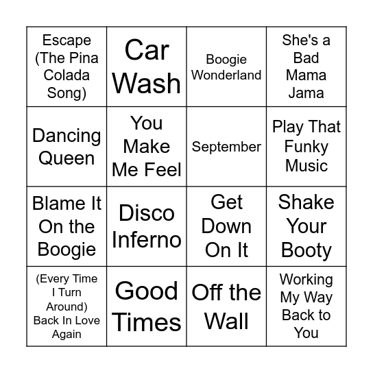 70's Disco Bingo Card