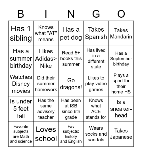 Freshman Bingo !!! Bingo Card