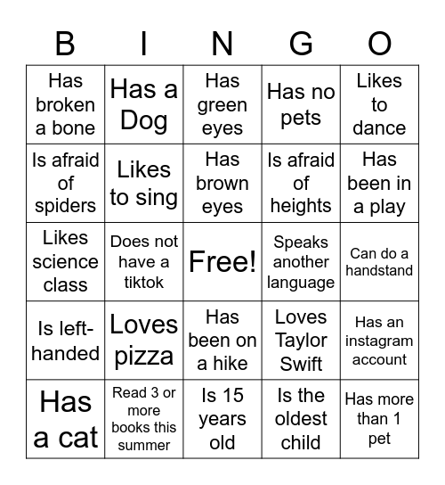 Classmate Meet-Up Bingo Card