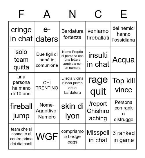 pisnelo Bingo Card