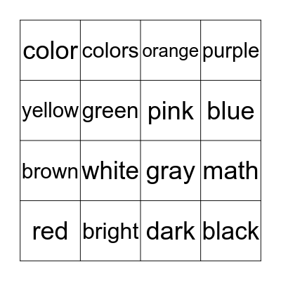 Math Sight Word Bingo- Colors  Bingo Card