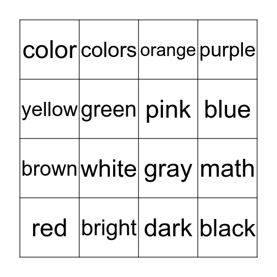Math Sight Word Bingo- Colors  Bingo Card