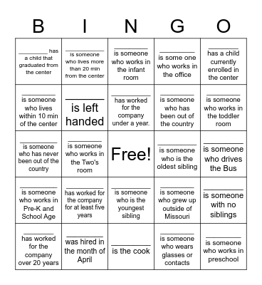 Getting To Know You Bingo Card