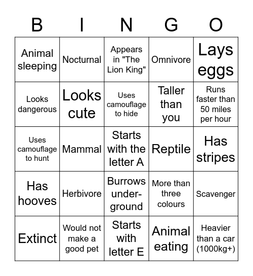 Zoo Photo Challenge Bingo Card