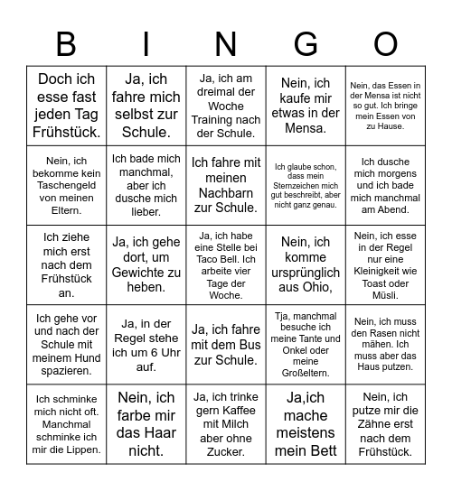 Mögliche Antworten- Wer macht das? Bingo Card