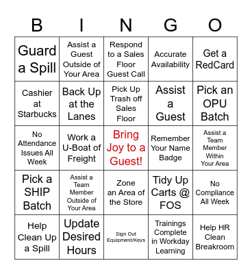 Team Member Giving Bingo Card