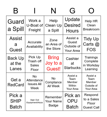 Team Member Giving Bingo Card