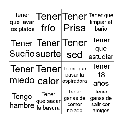 Lo Tengo     Tener and tener idioms Bingo Card