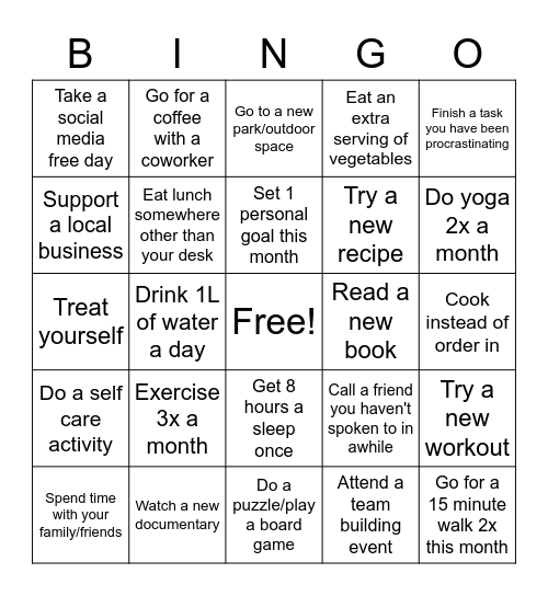 Wellness Bingo Card