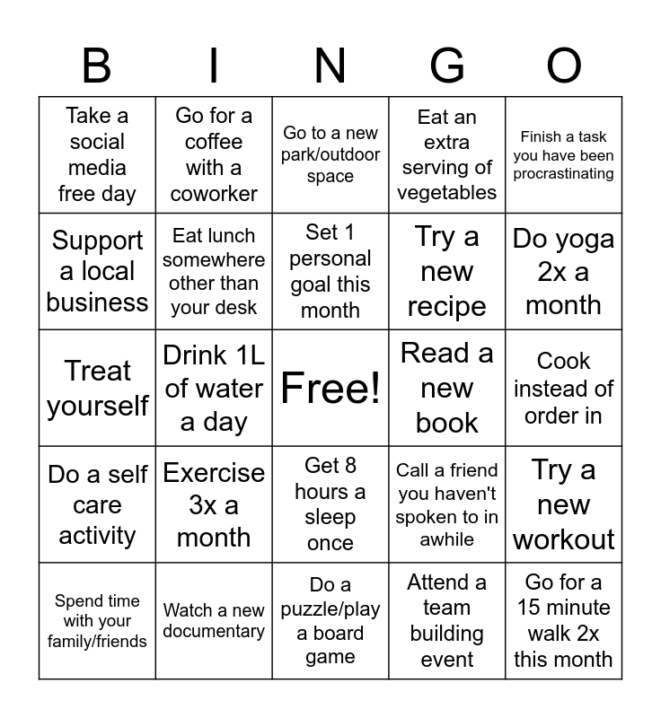 Wellness Bingo Card