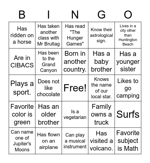 Classmate Bingo Card