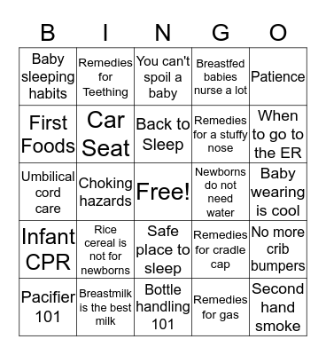 Grandparent Refresher Bingo Card