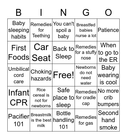 Grandparent Refresher Bingo Card