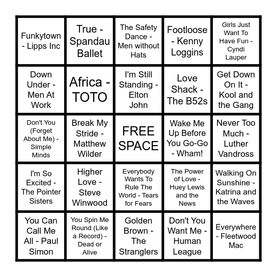 1️⃣9️⃣ MAD DOG MUSIC BINGO - 80s 8️⃣0️⃣ Bingo Card