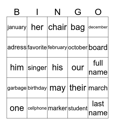 Personal information  Bingo Card