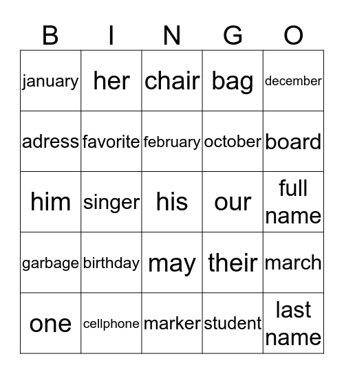 Personal information  Bingo Card