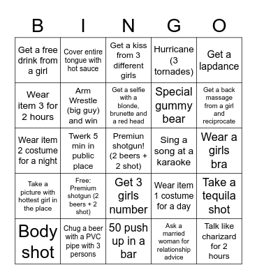 Mathieu Bachelor Party Bingo Card