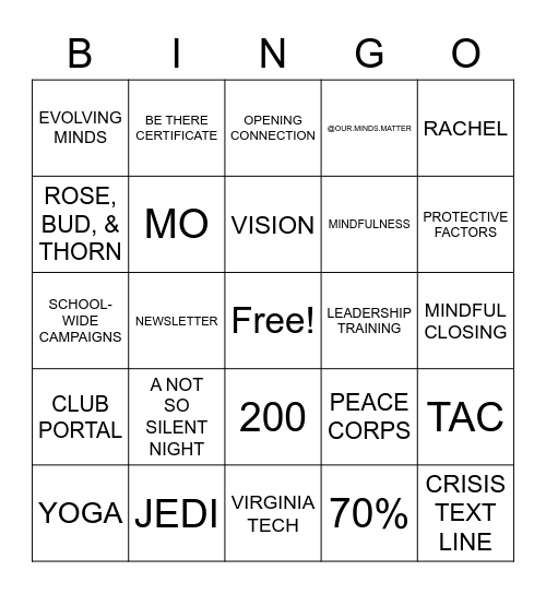 Welcome Orientation Bingo Card