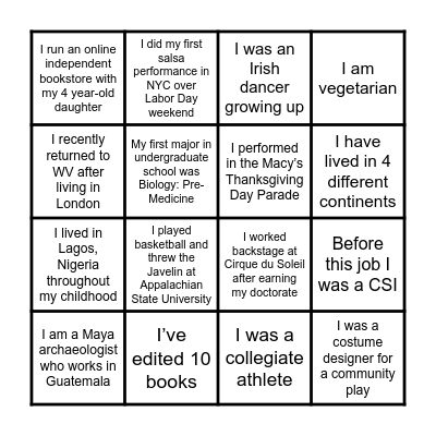 New Women's Welcome Bingo Card