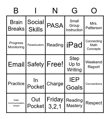 Back To School Night Bingo Card