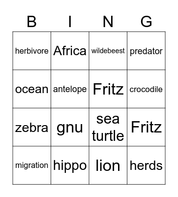The Great Migratio, Hippos, Sea Turtles Bingo Card