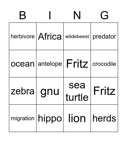 The Great Migratio, Hippos, Sea Turtles Bingo Card