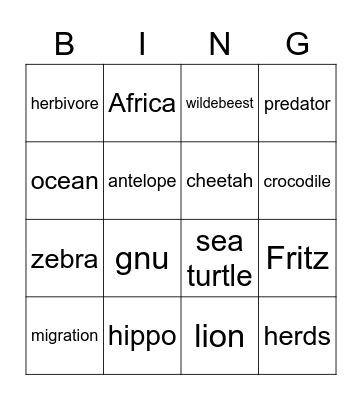 The Great Migratio, Hippos, Sea Turtles Bingo Card