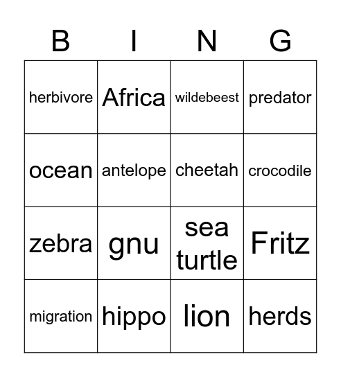 The Great Migratio, Hippos, Sea Turtles Bingo Card