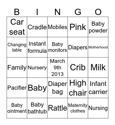 Sangita's Baby Shower Bingo Card