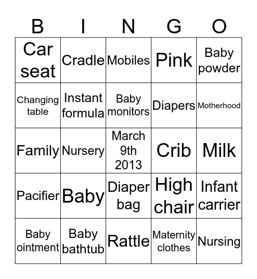 Sangita's Baby Shower Bingo Card