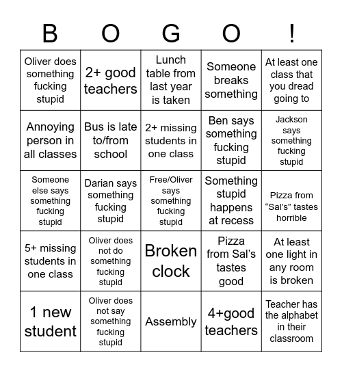 First day of school Bingo Card