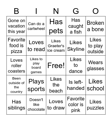 Getting To Know You Bingo Card