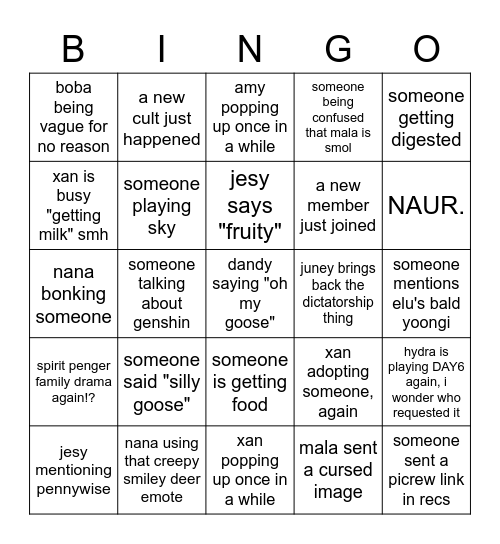 Spirit Penger Bingo Card