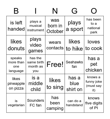 Classmate Bingo Card